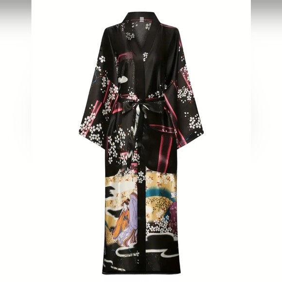 NIP Stunning Black Silky Geisha Style Robe - Picture 4 of 13
